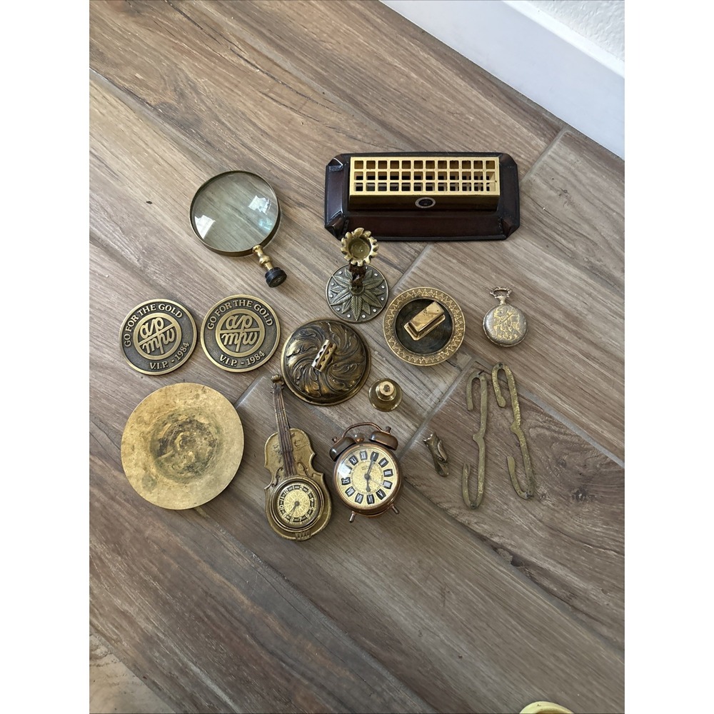 Vintage Brass Random Lot Figurines Clocks, Eagle Pendant, Magnifying Glass